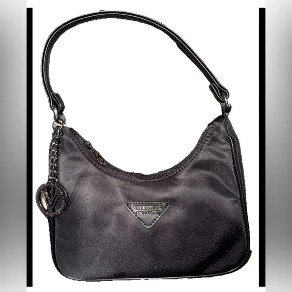 Valentino Orlandi Black Crescent Half Moon Minimal Nylon Shoulder Bag With Charm - Picture 3 of 6